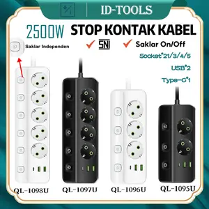 2500W Power Strip standar Eropa Power Socket Stop Kontak USB Kabel Panjang 2 Meter Power Socket Elektrik plug-in rumah tangga dengan papan kabel soket sakelar kawat Dengan saklar independen