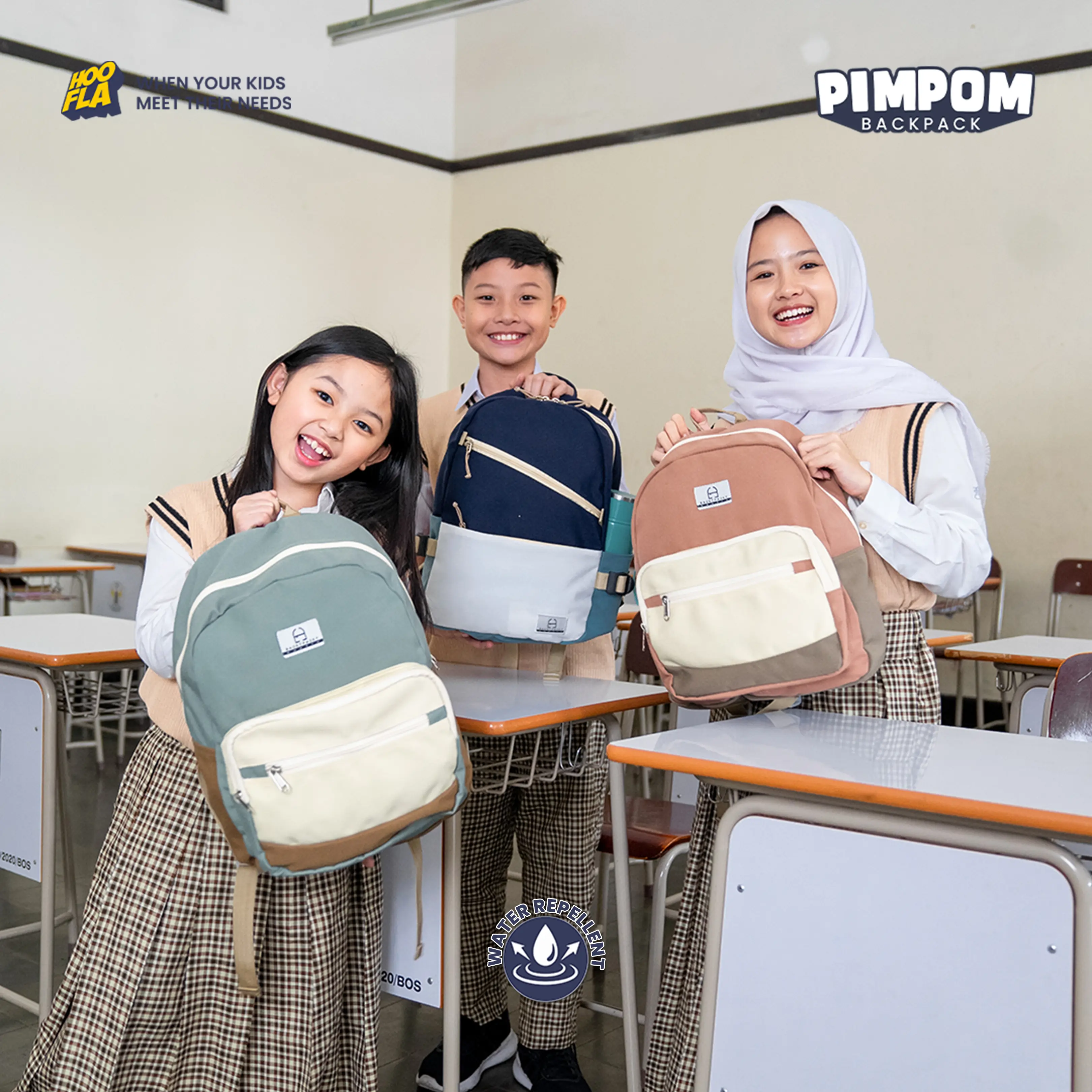 Hooflakids ransel anak sekolah cewe cowo SD SMP SMA tas Pimpom backpack kapasitas 11L Canvas Premium water repellent kompartemen penyimpanan laptop 11” Fashion