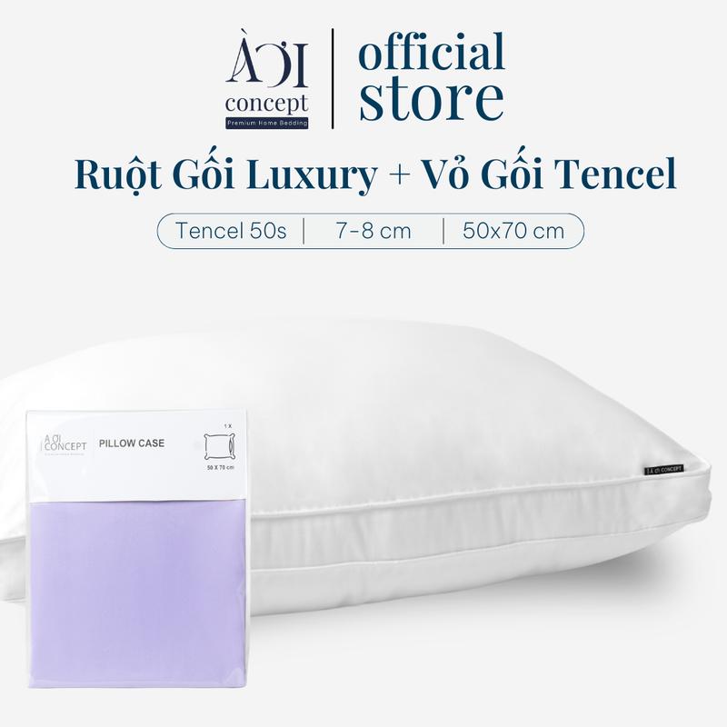 Ruột Gối Gòn Lông Vũ Luxury 2 Viền 50x70cm & Vỏ Gối Lụa Tencel 50s Cao Cấp AOICONCEPT – Gối Êm Ái, Thoáng Khí, Giảm Đau Cổ Vai, Giấc Ngủ Sâu
