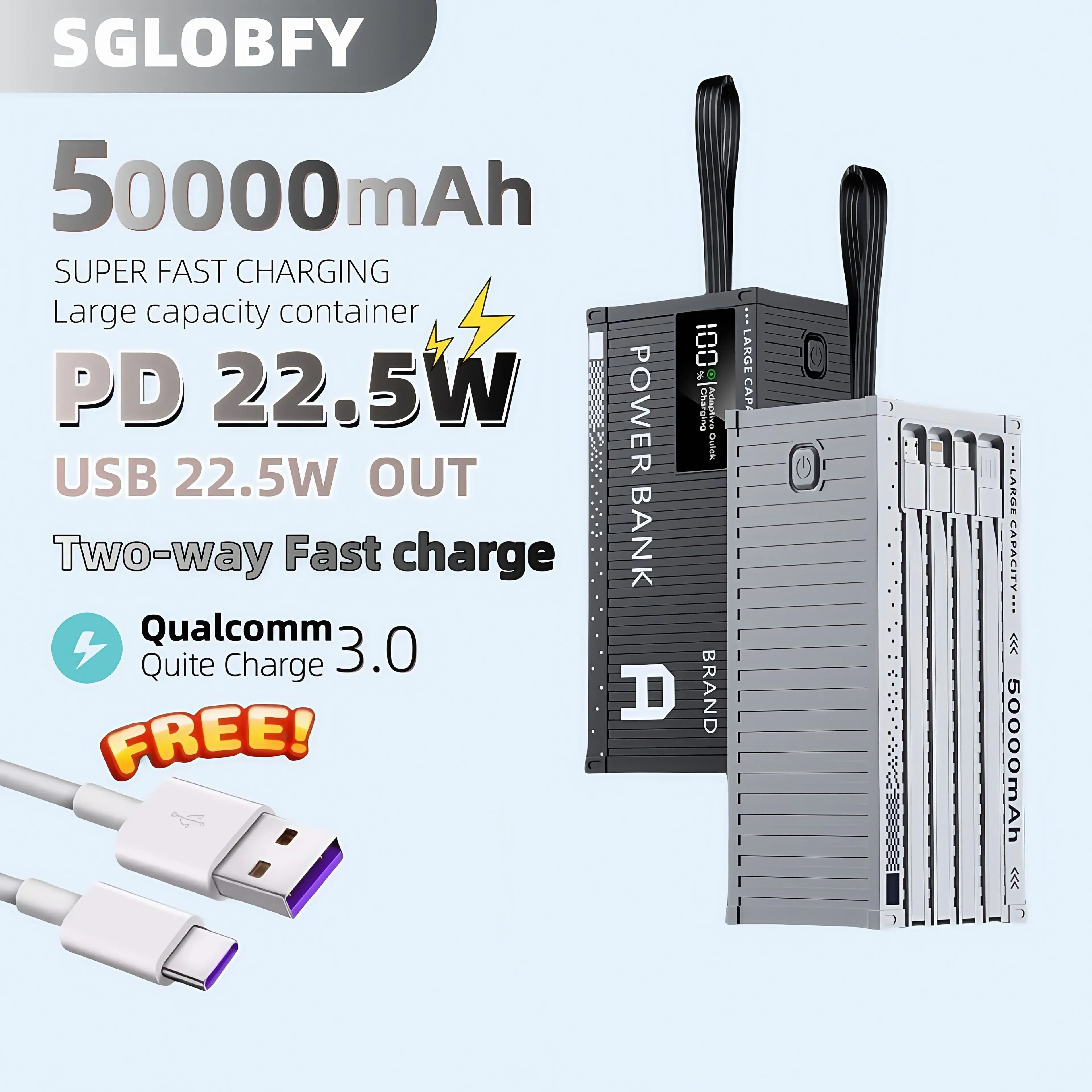 SGLOBFY 50000mAh Fast Charging Powerbank High-Capacity 4-in-1 cable mobile Charging Power Bank