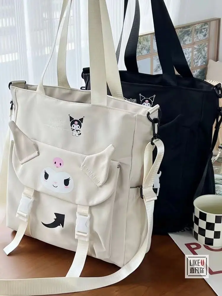 Korean Cartoon Cute Kuromi One Shoulder Crossbody Tote Bag for Junior, High School, and College Students' Classroom Study Bag Canvas