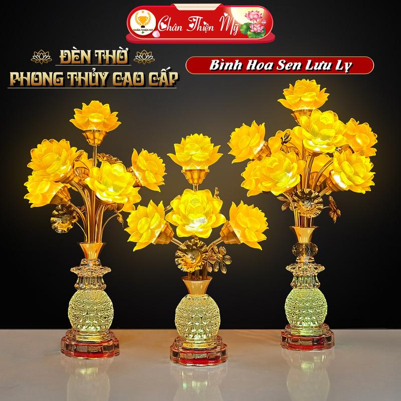Đèn Bình Pha Lê Hoa Sen Lưu Ly 5 Bông 7 Bông 9 Bông CHÂN THIỆN MỸ Có Sẵn LED Trang Trí Bàn Thờ