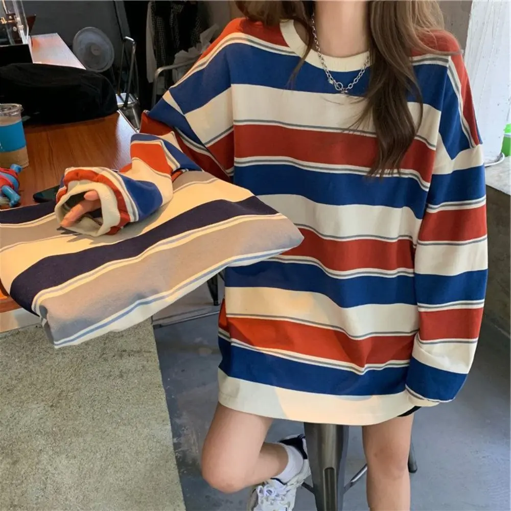 Soft Fashion Long Sleeve T Shirt Oversized Couple Outfits Shirts for Women Casual Streetwear Striped Blouse Girls