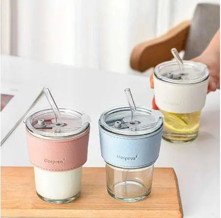 Botol Minum Kaca Bening Aesthetic Bottle Tumbler 400 ml pakai box Gelas Coffee Cup Botol Anti Slip Tumpah pakai box 1