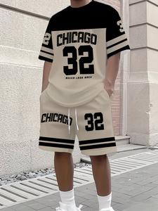 Conjunto de ropa para hombre para actividades al aire libre, top de manga corta y cuello redondo de secado rápido para verano, con impresión digital 3D de letras estilo vintage, streetwear casual