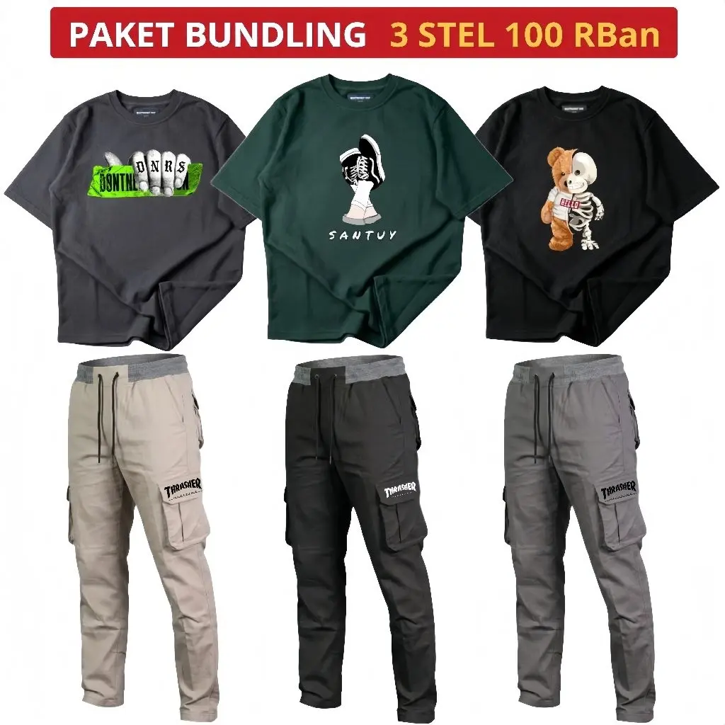 PAKET HEMAT 100 RIBU DAPAT 3 KAOS 3 CELANA CARGO PANJANG