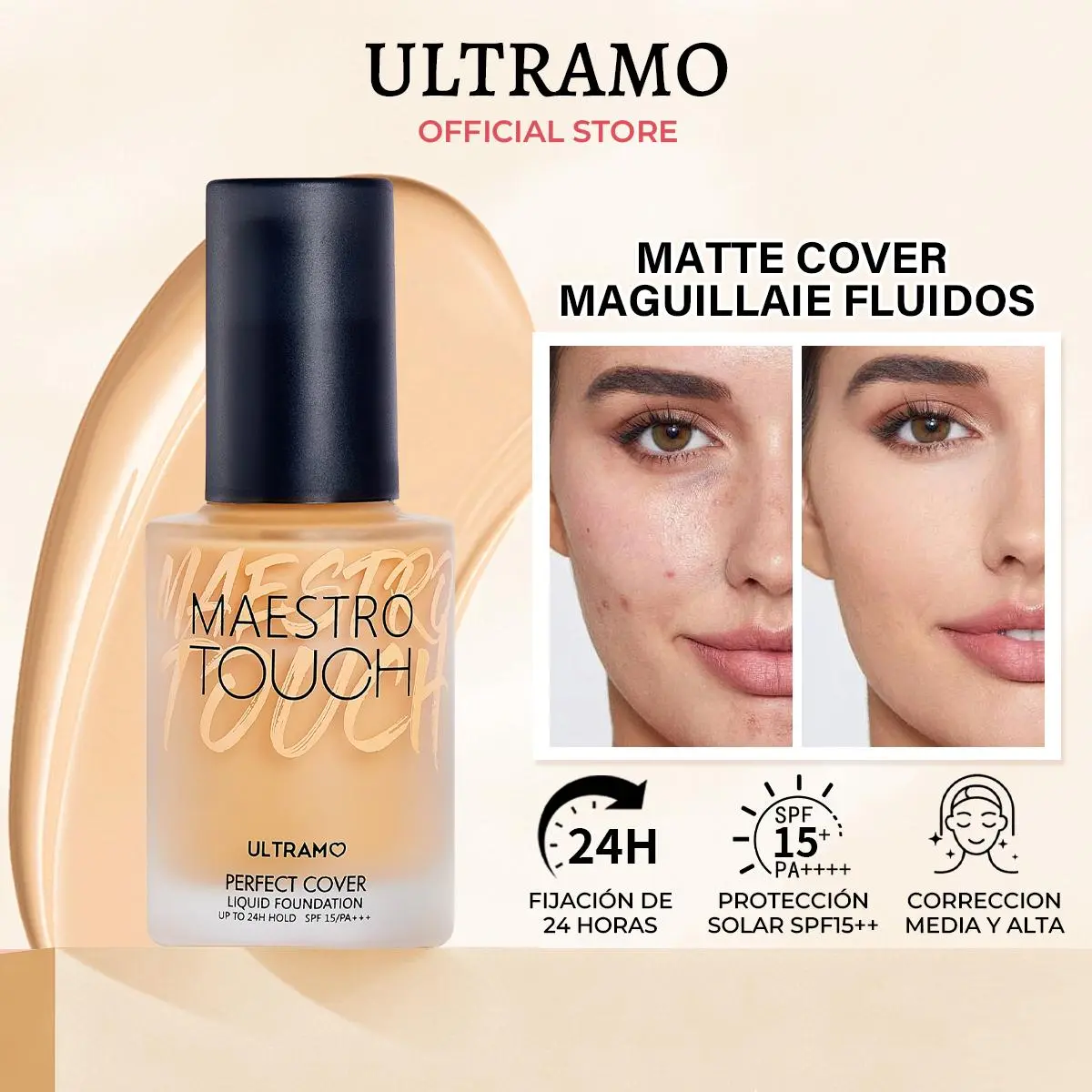 [B] ULTRAMO Base de Maquillaje Corrector Mate 40 ml | Alta cobertura larga duración  resistente al sudor acabado natural crema BB que controla la grasa | Base de Maquillaje Fit Me de ultralarga duración SPF 15/PA++ | Apta para todo tipo de piel