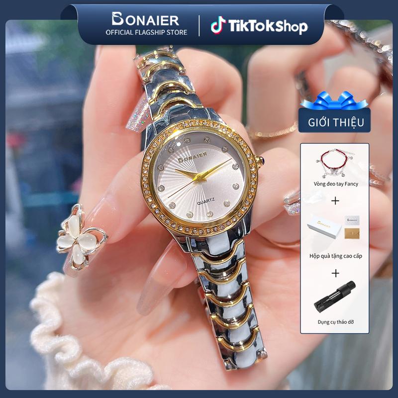 2024 BONAIER Thương Hiệu Sang Trọng Thời Trang Đơn Giản Tinh Tế Đồng Hồ Nữ Đẹp Chống Thấm Nước Dây Thép Không Gỉ Học Sinh Nữ Tặng Đồng Hồ Thạch Anh BK235 Watch