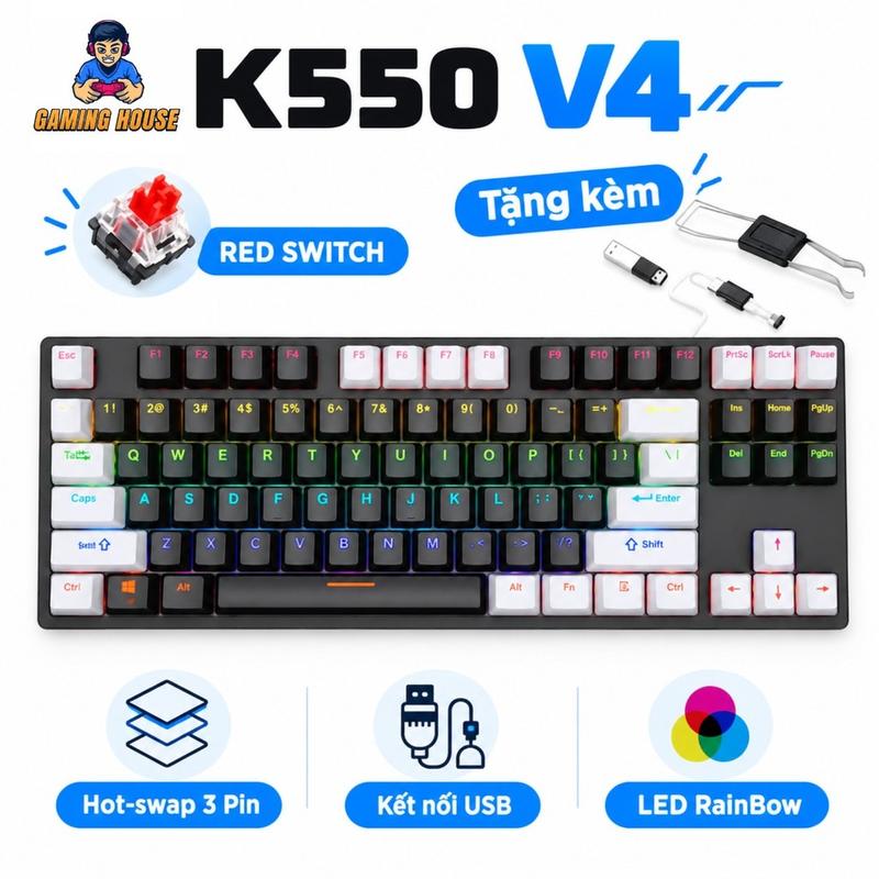 Bàn phím cơ Gaming Ziyou K550 V4 Red Switch TKL 87 phím, 10 chế độ Led, chống nước