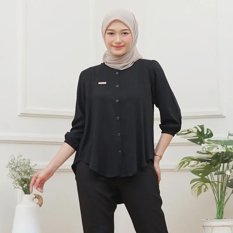 Atasan Wanita Rayon Twill premium Panjang Baju Dewasa All size  muat sampe BB 70  Nyaman Lembut Kancing Kain Formal High Hitam 7