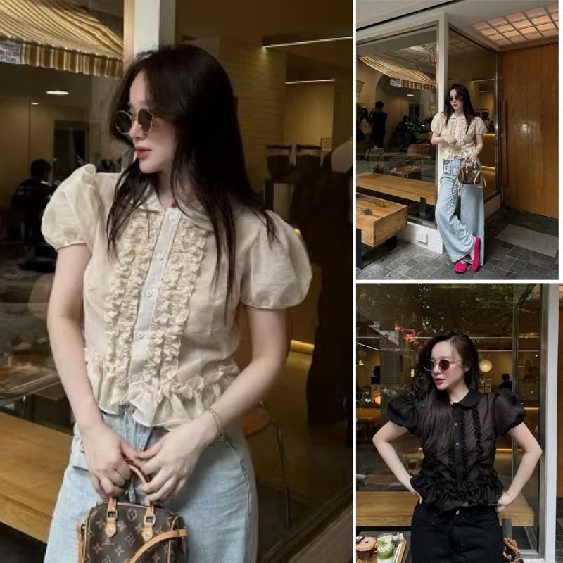 Áo sơ mi tơ mỏng kem tay bồng chất liệu tơ voan có bèo rúm nữ tính by Halinh MM