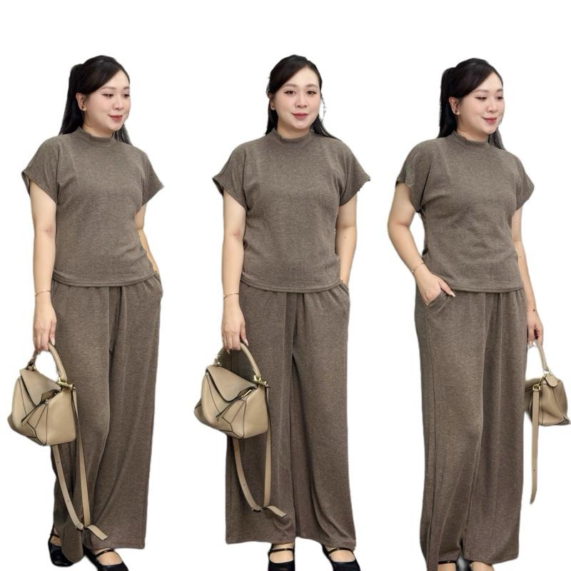 Set áo thun trơn cổ 3p quần xuông 2 màu mới bigsize nữ (21425) Top