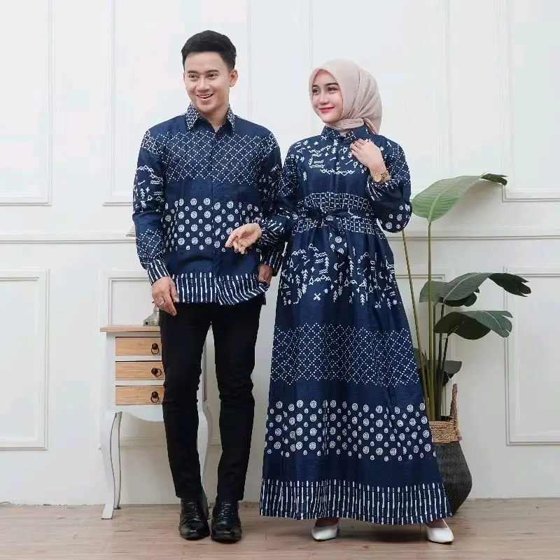 Baju Batik Couple Pasangan Keluarga Lebaran 2025 Motif Jaring Navy Matt Katun Premium 1