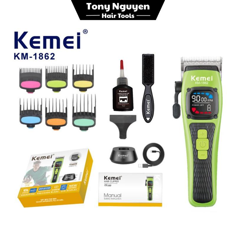  Tông đơ Kemei KM-1862 tốc độ 9000 vòng phút có hiển thị pin lưỡi cắt mạ carbon DLC cao cấp 