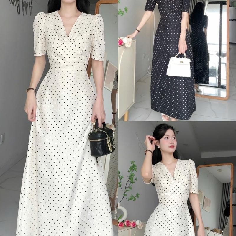 Đầm cổ tim hoạ tiết chấm bi dáng dài có tay NARY clothing