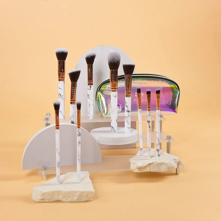 Haluu Essentials Marbled Brush Set 10pcs + Holographic Pouch - White Grey