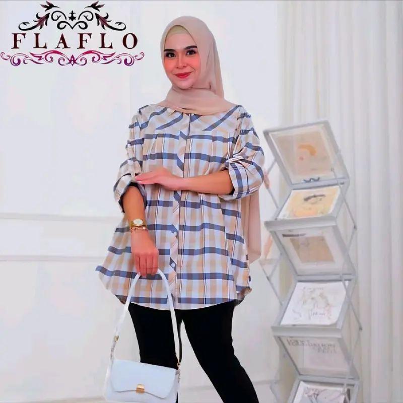 FLAFLO Blouse jumbo LD 120 kemeja kerja kotak kotak kekinian muat 85 kg Baju Atasan Panjang Katun Wanita Muslim lengan panjang 6