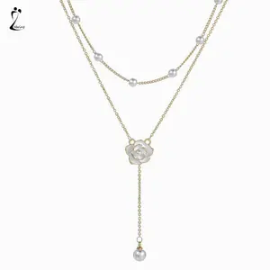 【lingerly】Kalung Mutiara Wanita Rumbai Rumbai Berlapis Ganda Rantai Tulang Selangka Camellia Sense Z