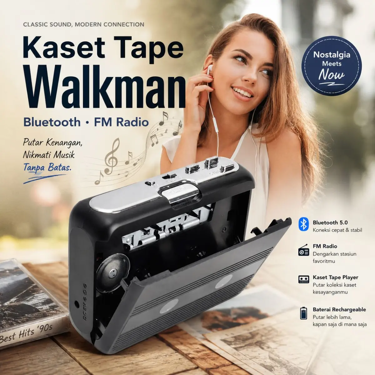 Player Kaset Tape Walkman Bluetooth FM Radio - TON007B