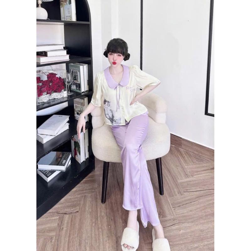 Bộ Pijama Nữ Bộ Ngủ Mặc Nhà Cổ Tròn Nút Cài Chất Lụa Thoáng Mát Không Nhăn Top Women set đồ đẹp quần áo ngủ cho nữ Mã PQ14