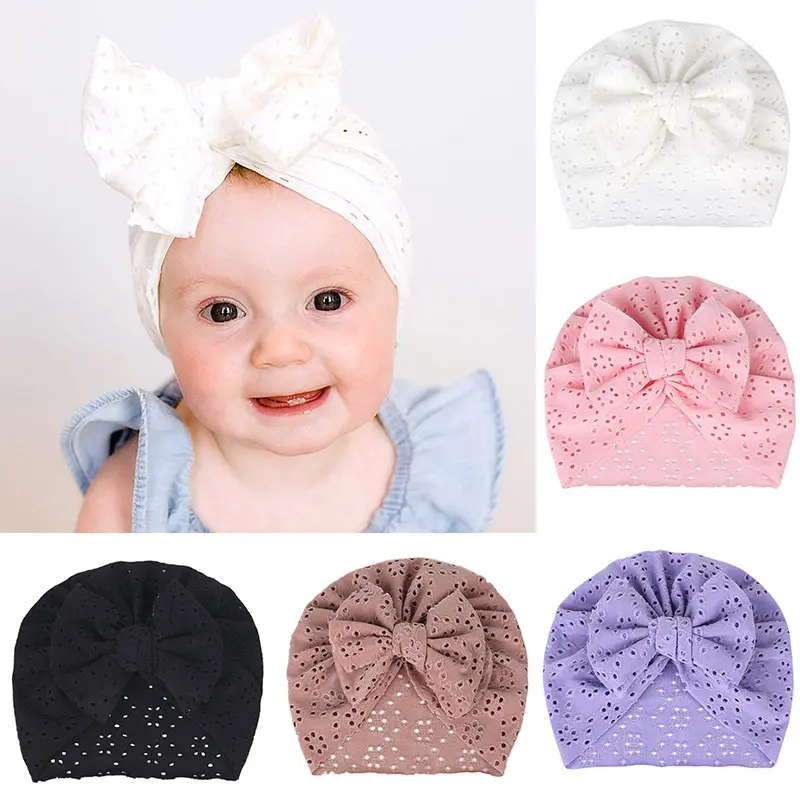 Big Bow Summer Hollow Out Flower Infant Baby Turban Hat Elastic Solid Color Mesh Baby Girls Bonnet Cap Newborn Toddler Beanies