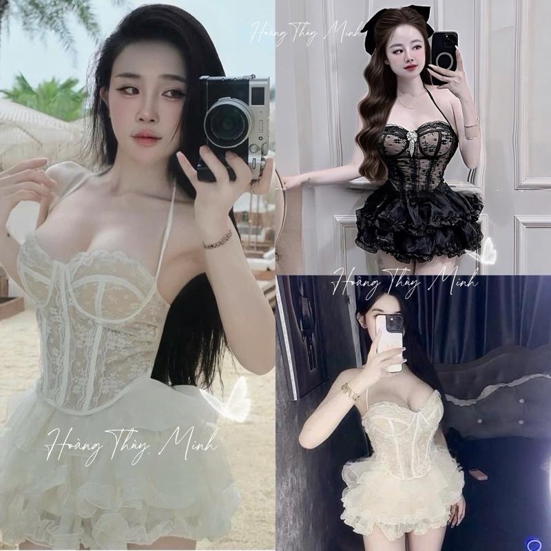 A2- HÀNG CÓ SẴN KÈM KHUY ĐÁ MỚI CÓ BIGSIZE Set Áo Yếm Ren Hoa Cúp Viền Gọng Dẻo CÓ MÚT Kèm chân váy Bồng xoè Có Quần Bảo Hộ-HoangThuyMinh