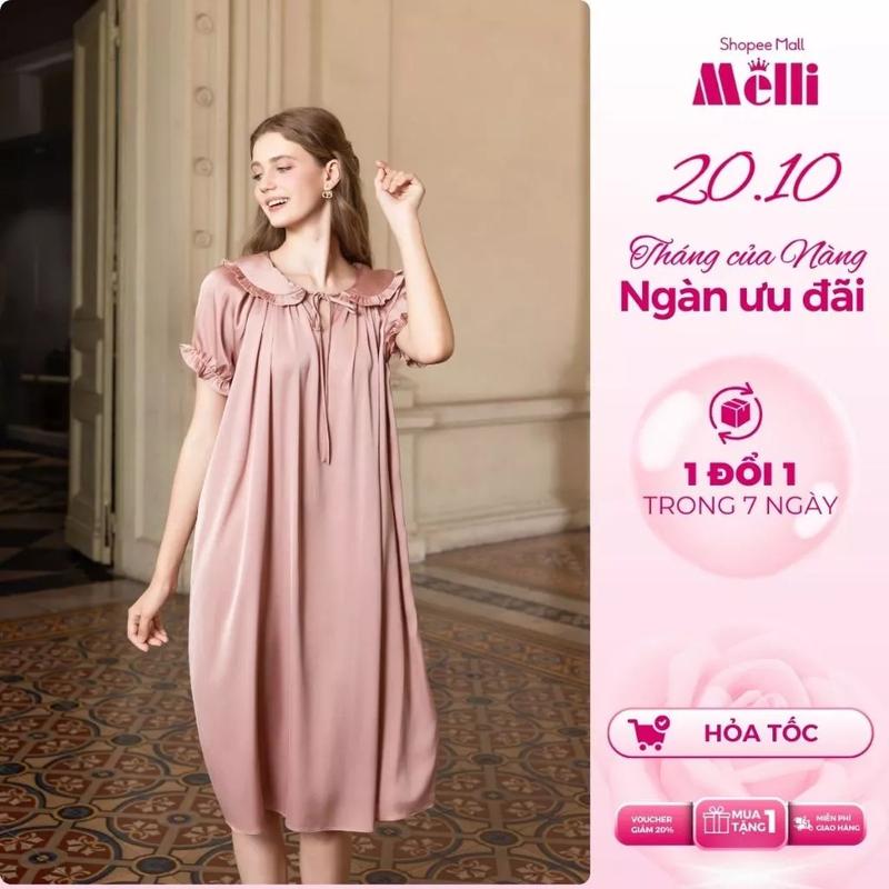 [ V14 ] Váy Ngủ Nữ Melli Cổ Bèo Tay Ngắn Belle Nuit – Đầm Ngủ Form Suông Dài Vải Latin Cao Cấp Che Khuyết Điểm Tốt