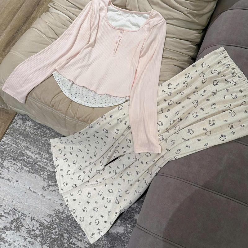 N479- Pijama dài tay thun cotton áo hồng phối quần mèo kitty cho nữ - Bộ ngủ mặc nhà hàng quảng châu cao cấp