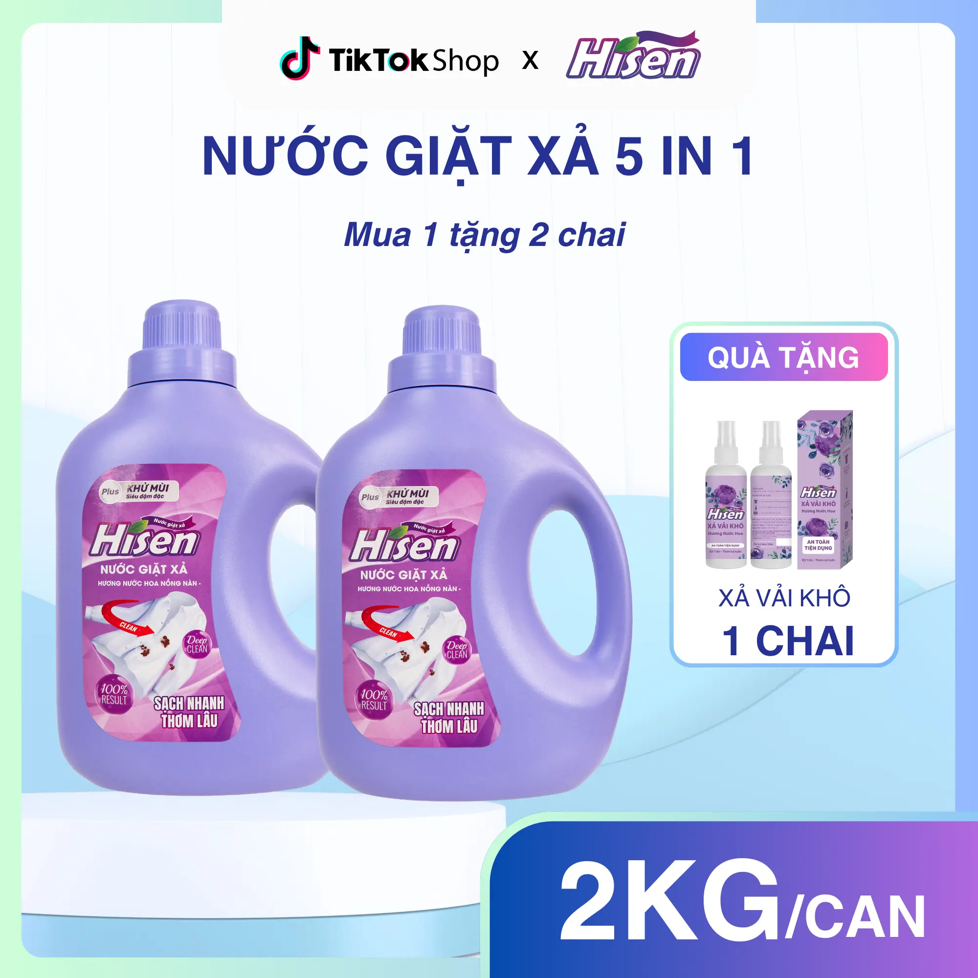 [ĐA KHO] [Mua 1 Tặng 2] Nước giặt xả HISEN 5 in 1 Đậm Đặc - 2KG - Hương nước hoa nồng nàn - Sạch nhanh - Thơm Lâu Làm Sạch vải quần áo đồ, nước giặt quần áo thơm