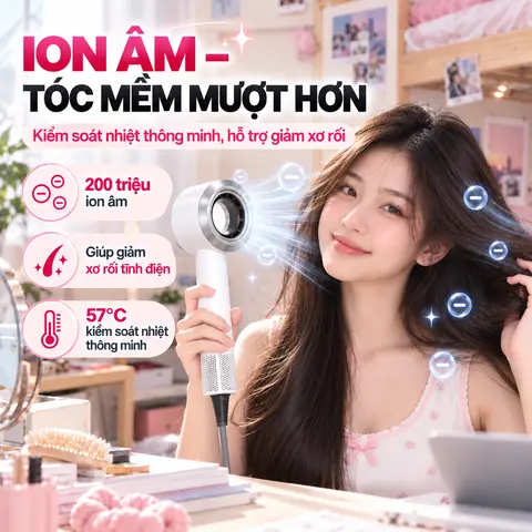 Máy Sấy Tóc Ion Âm 200 Triệu, Nhiệt Độ Ổn Định 57°C, Giúp Tóc Mềm Mượt, Giảm Tĩnh Điện, Tạo Kiểu Dễ Dàng