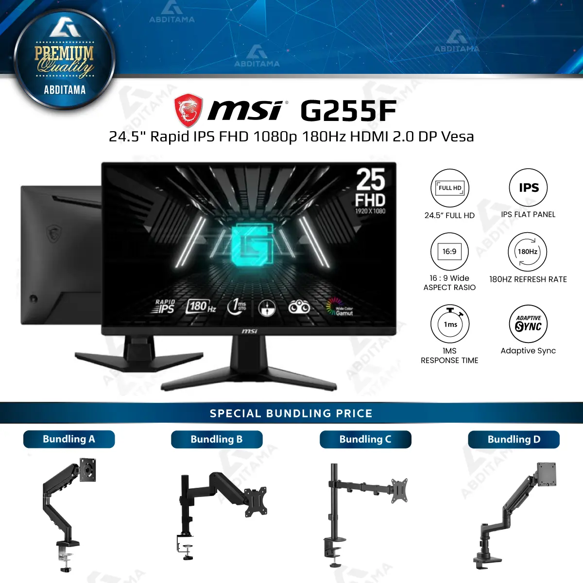 Monitor LED MSI G255F 24.5 Inch Rapid IPS FHD 1080p 180Hz HDMI2.0 DP Vesa cocok dipasangkan dengan Laptop