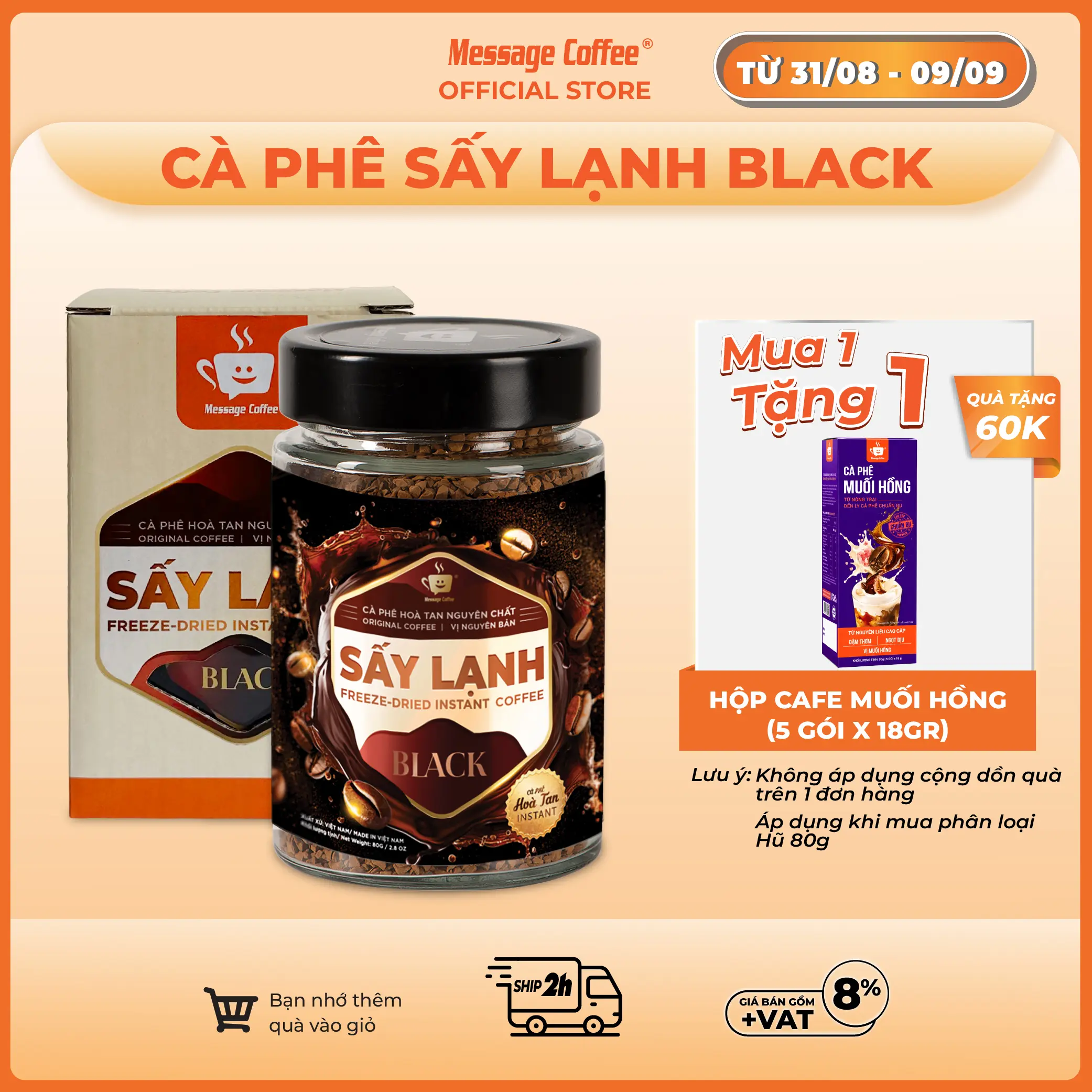 Cà phê hòa tan sấy lạnh BLACK nguyên chất tiện lợi từ Message Coffee hũ 20/80gr