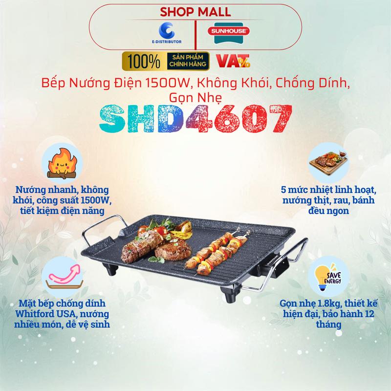 Bếp Nướng Điện SUNHOUSE SHD4607 - Không Khói, Chống Dính Whitford, Công Suất 1500W