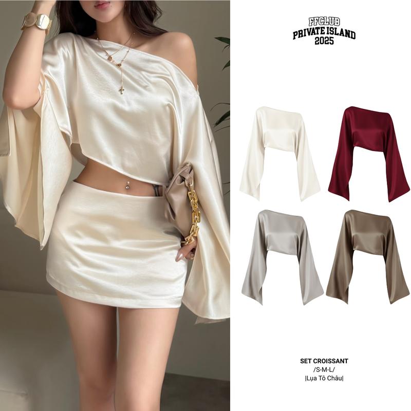 CÓ TÁCH SET ÁO LỤA FORM CROP TRỄ VAI CROISSANT + CHÂN VÁY LỤA 2 LỚP CARAMEL - FRIENDS FOREVER CHÍNH HÃNG