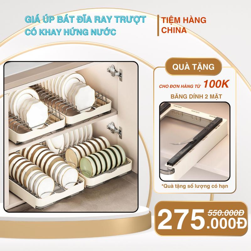 Kệ úp bát đĩa ray trượt, có khay hứng nước, gắn ngăn hộc tủ bếp, để bàn, chất inox 304 chống gỉ, chống ăn mòn Kitchen