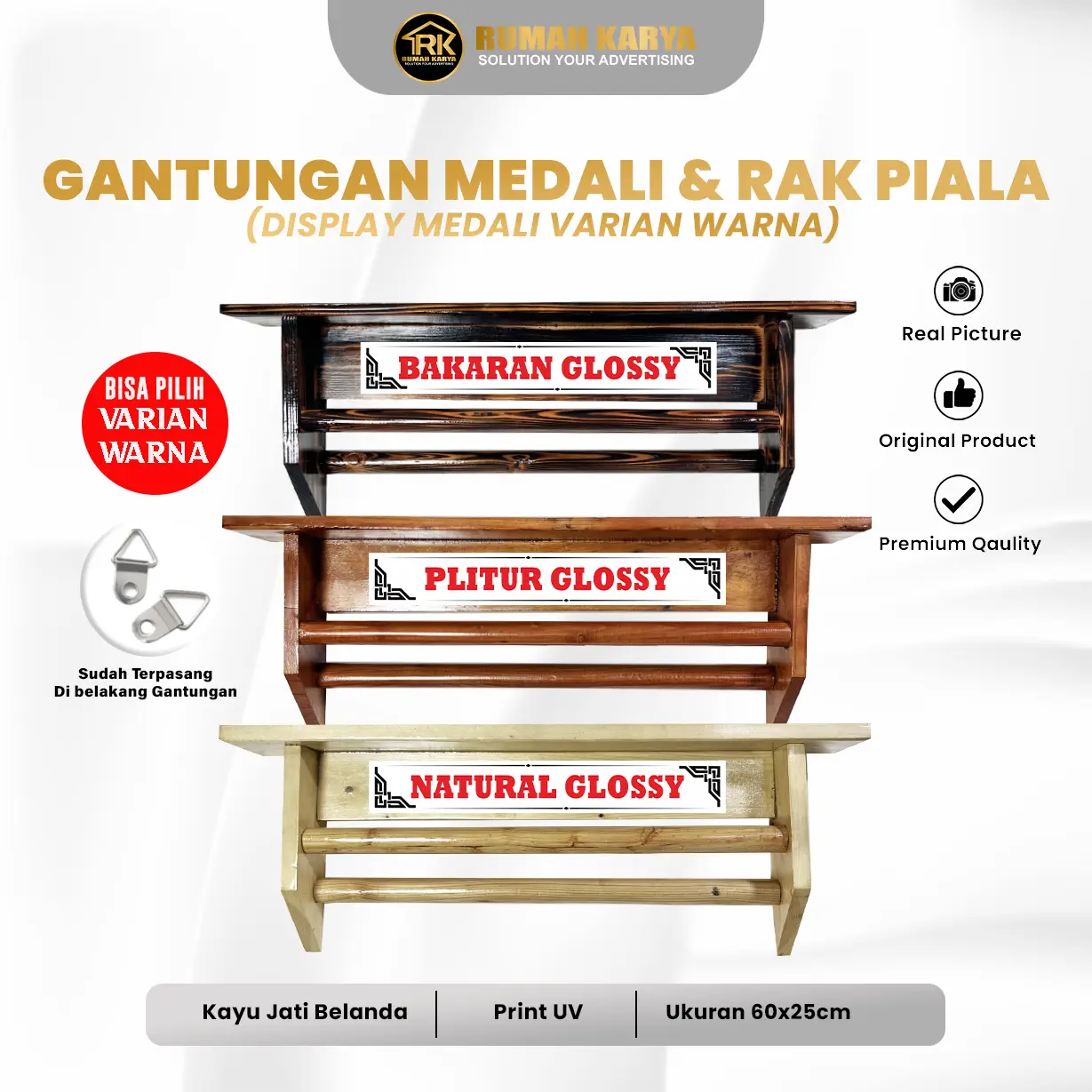 Gantungan Medali Kayu & Rak Piala Minimalis - 3 Pilihan Kayu Mendali Gantungan Display Kayu Custom Nama