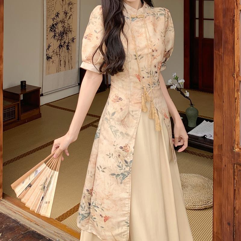 Product Introduction of Đầm dài Xường Xám 2024 Cho Phụ Nữ tay ngắn A-Line Thanh Lịch Truyền Thống Quần Áo Cho Đền hàng ngày đơn giản Những Dịp đồng phục học sinh Áo dạ tiệc dài Căng Ra Women Dress Kim Tuyến 5