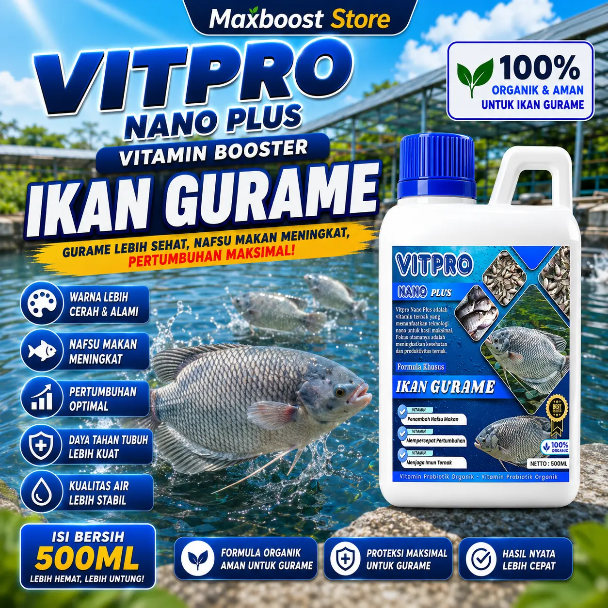 VITPRO NANO PLUS Suplemen Ikan Gurame 500ml | Booster Nafsu Makan, Imun Kuat, Pertumbuhan Optimal & Performa Budidaya