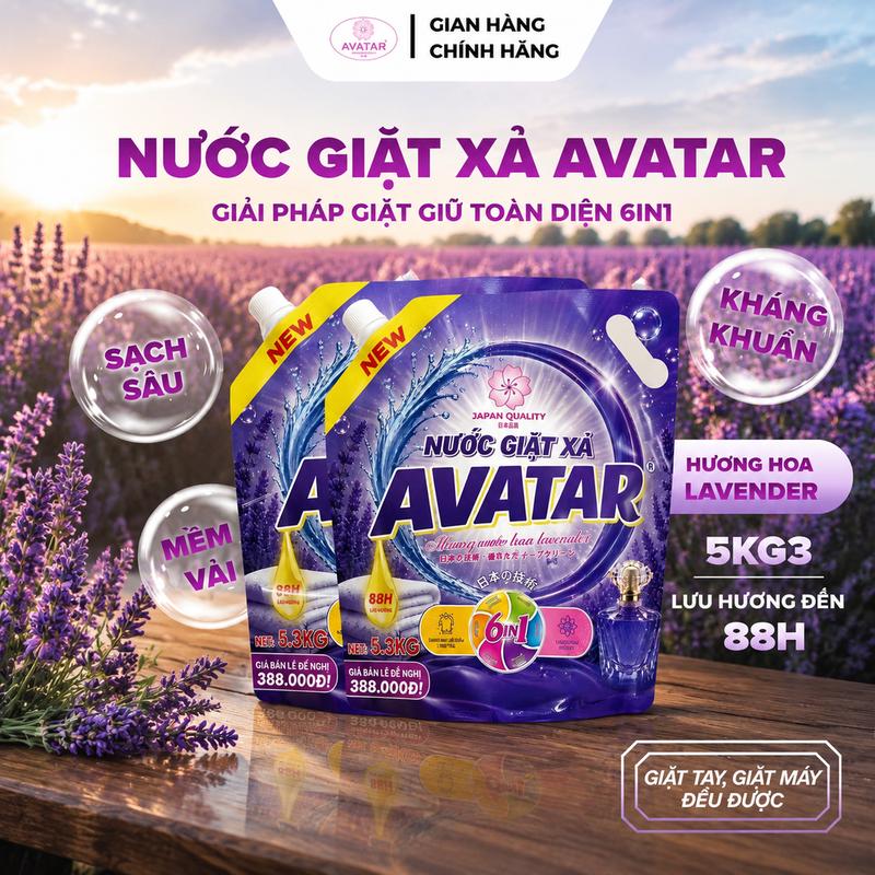 [SIÊU TIẾT KIỆM – 2 TÚI (TỔNG 10KG6)] Nước Giặt Xả AVATAR 6 Trong 1 – Hương Lavender – Lưu Hương 88H – Sạch Sâu, Mềm Vải, Dịu Nhẹ Cho Da