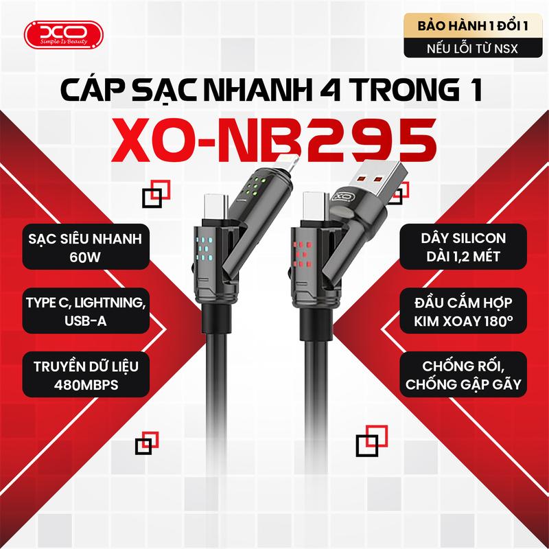 [XO] Dây cáp sạc nhanh đa năng 4 trong 1, công suất mạnh 60W, truyền dữ liệu 480Mbs, dây silicon dài 1 mét 2, chống rối, chống đứt gãy, đầu cắm kim loại, đa cổng sạc Type C, Lightning, USB, sạc điện thoại Android, sạc Iphone,bảo hành 1 đổi 1
