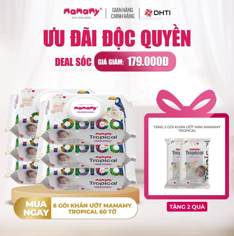 [KOC][DEAL SỐC GIẢM GIÁ + TẶNG THÊM 2 GÓI KHĂN ƯỚT MINI 10 TỜ] MUA 6 gói khăn ướt Mamamy Tropical 60 tờ không mùi TẶNG 2 gói khăn ướt mini Mamamy Tropical