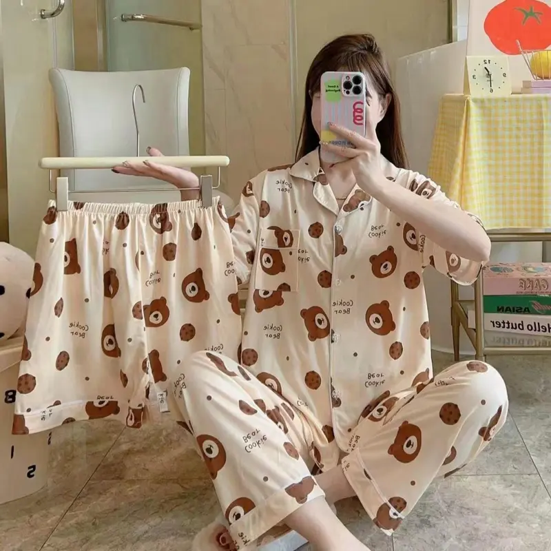 3 IN 1 (Kode K) SETELAN BAJU PIYAMA WANITA PREMIUM LENGAN PENDEK CELANA PANJANG 3IN1 Dewasa tidur