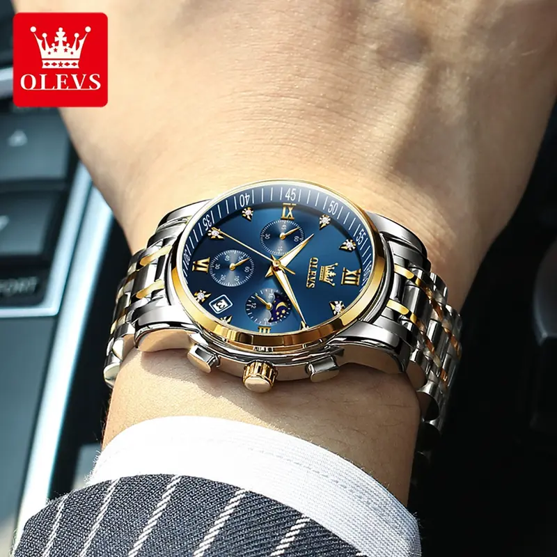 OLEVS men's stainless steel chronograph watch, large face gold silver black tone easy to read analog quartz watch, luxurious waterproof date diamond Roman Arabic numeral dial formal watch 2