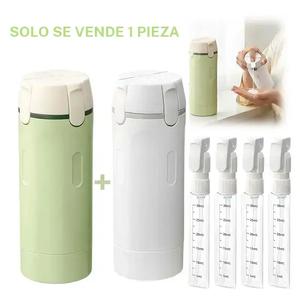 Botella dispensadora de viaje 4 en 1, contenedor portátil para champú y loción cosmética, soporte plástico compacto, dispensación suave con botón de presión fácil