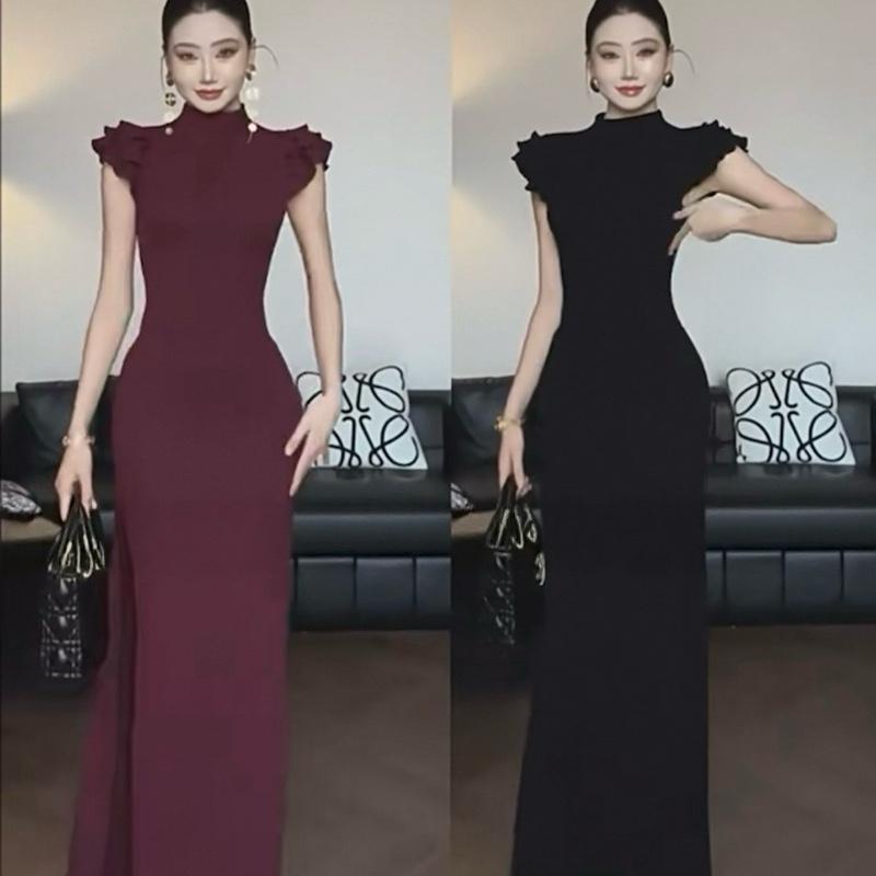 VÁY BODY THUN GÂN CỔ TRỤ V55 TAY BÈO NHÍU EO Đầm body thun ullzang women dress KO XẺ TÀ SIMIHOUSE