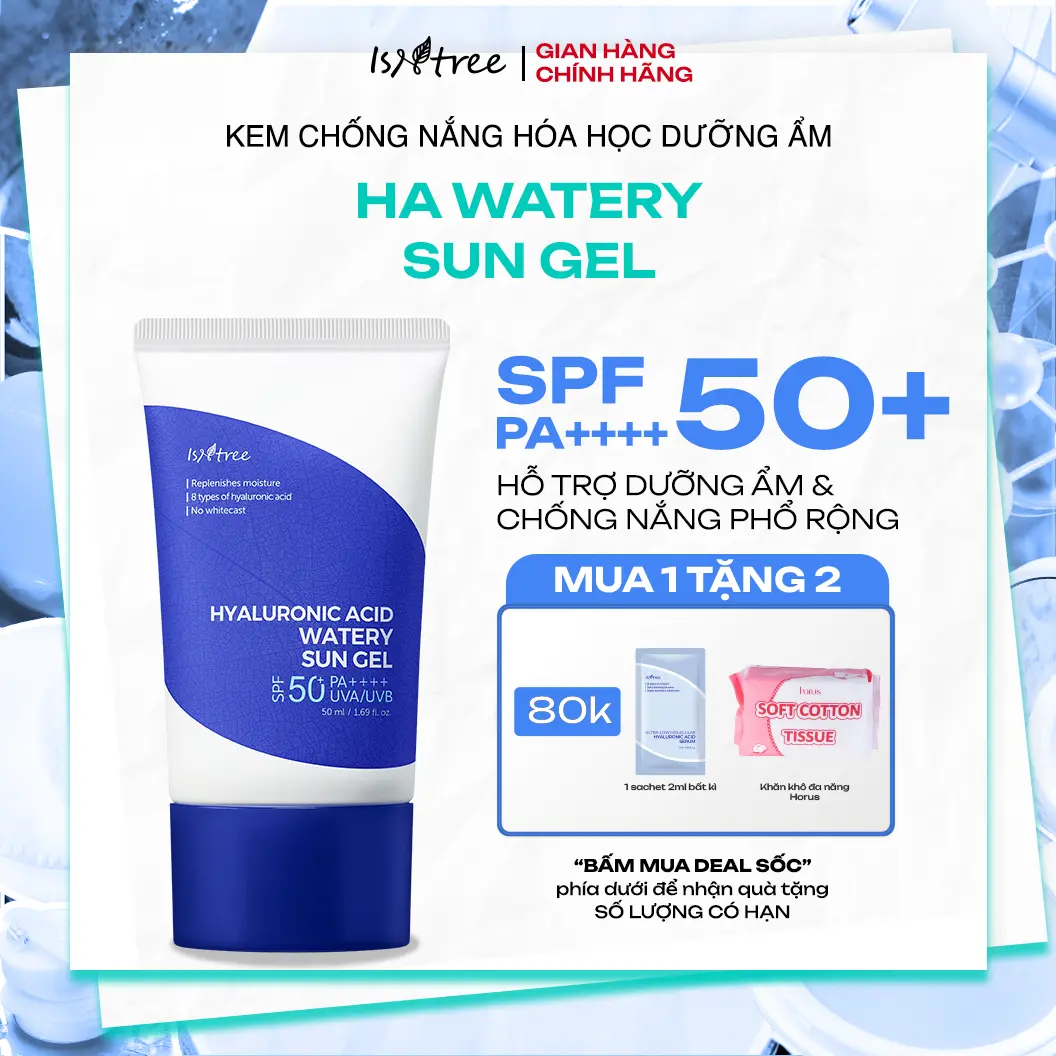 [LS] Kem chống nắng hóa học dưỡng ẩm mỏng nhẹ Isntree Hyaluronic Acid Watery Sun Gel 50ml [Tặng 1 Hộp khăn khô 80pcs+1 Sachet 2ml]