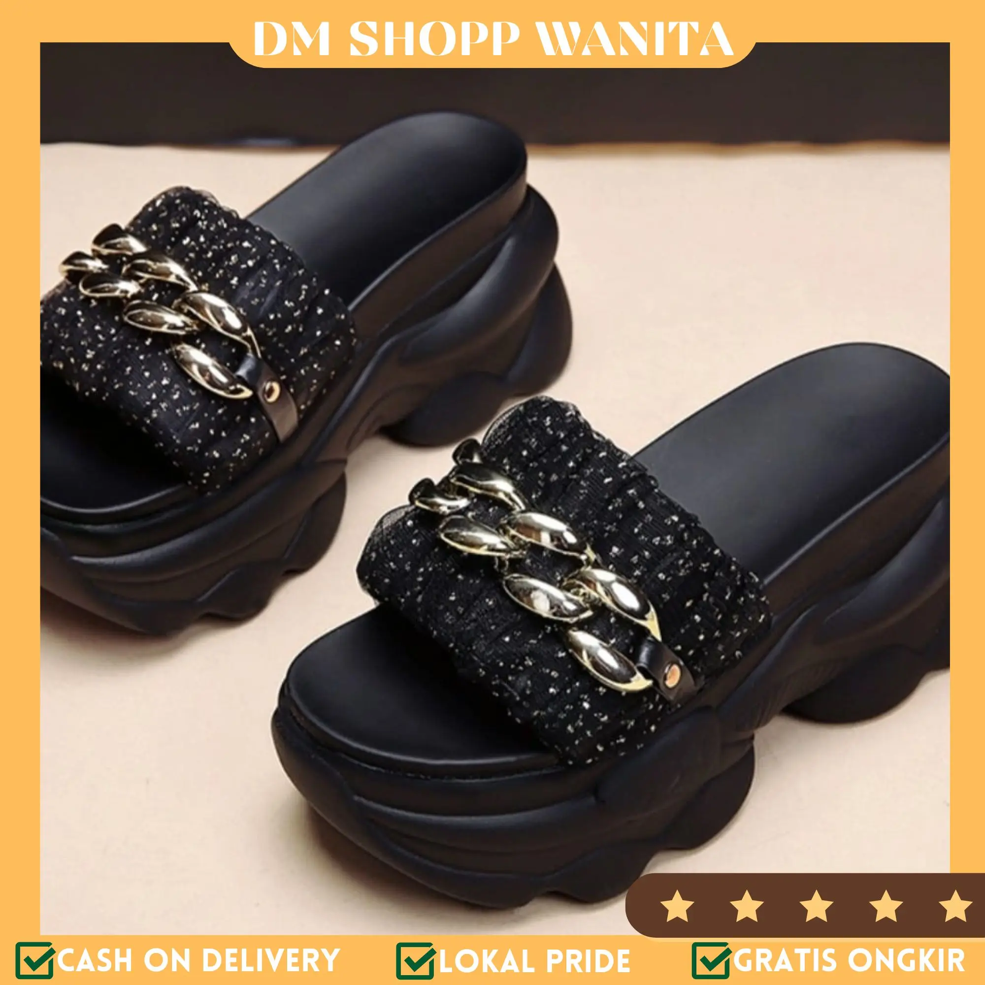 DM SHOPP - WEDGES SANDAL WANITA KOMBINASI RANTAI JARING SLIP ON SINTETIS BINTIK MANIK CASUAL FS 282