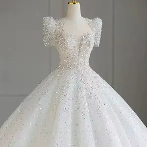 Wanita Putih sekin Renda Diamond wanita Gaun pengantin Ekor Panjang gaun pesta