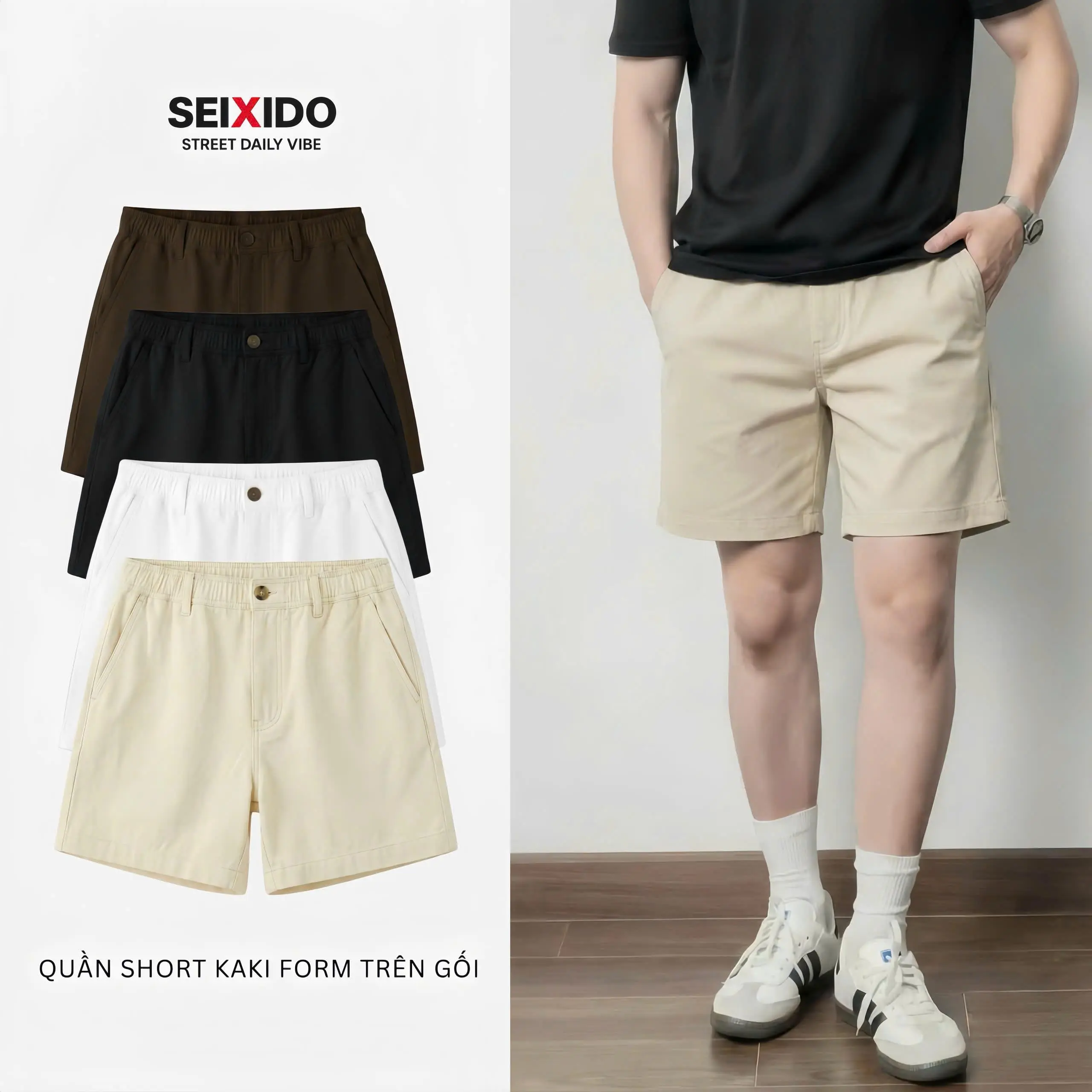 Quần Đùi Kaki Nam SEIXIDO Quần Short Vải KaKi Cao Cấp Thuần Cotton Mềm Mịn Thoáng Mát N038
