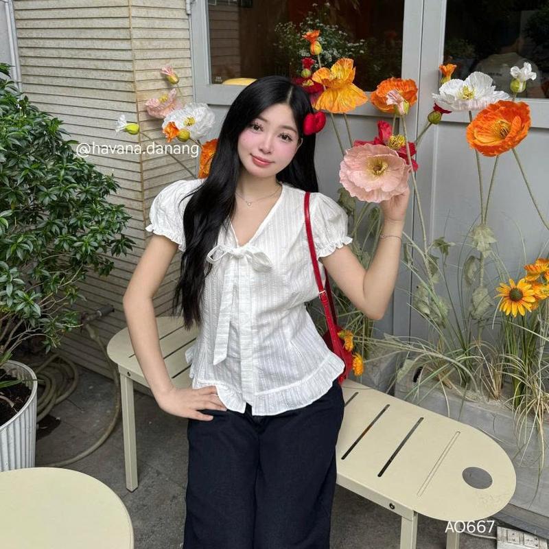 (HAVANA) CÓ BIGSIZE - Áo Babydoll ELOWEN sọc gân phối cúc tàu  AO667